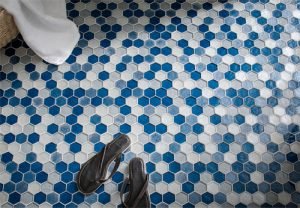 Oceanside Glass Tile Residential Muse-Hexagon-Textura-blue-grey-gray-bathroom-floor